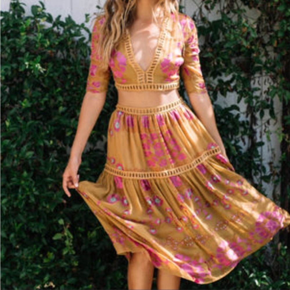 For Love And Lemons XS Set Mustard Midi Skirt Crop Top Dress with Pink